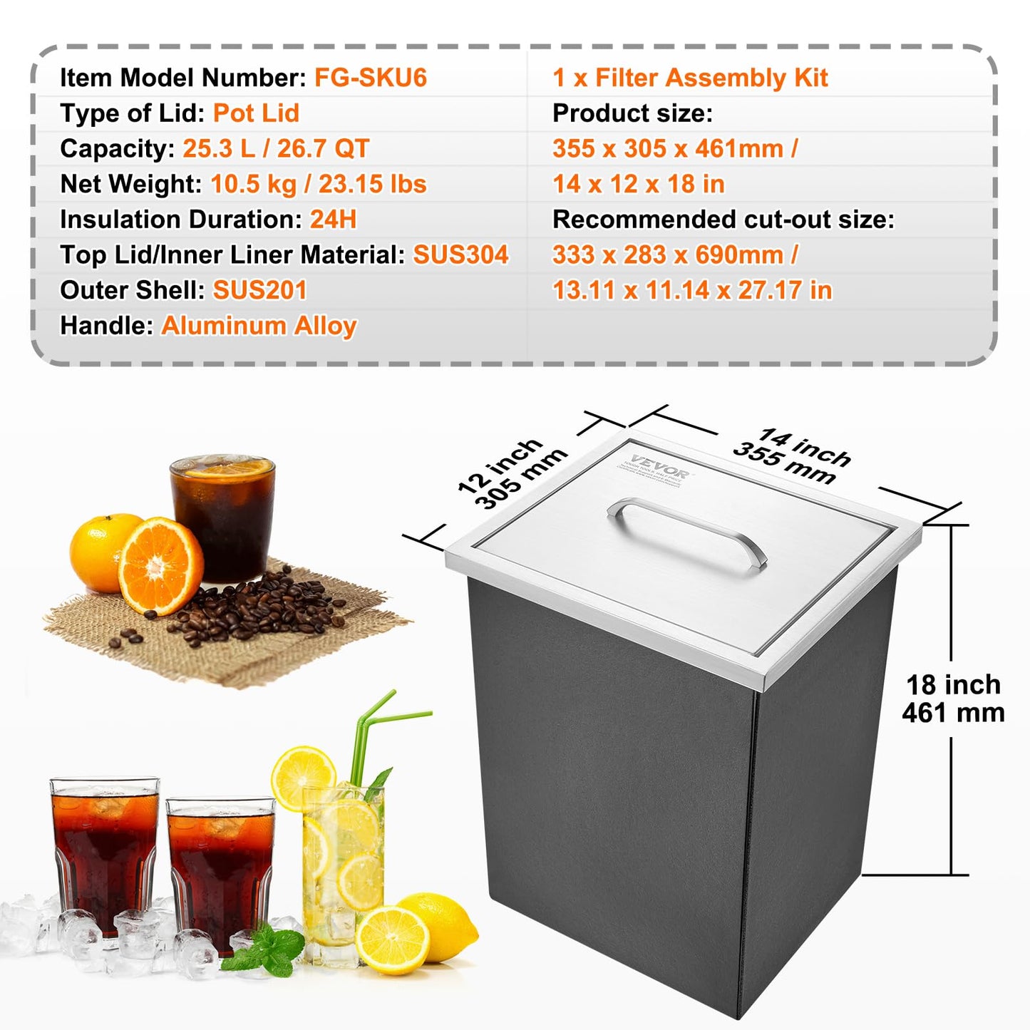 VEVOR Drop in Ice Chest, 14" L x 12" W x 18" H Stainless Steel Ice Cooler, Commercial Ice Bin with Cover, 40 qt Outdoor Kitchen Ice Bar, Drain-Pipe and Drain Plug Included, for Cold Wine Beer