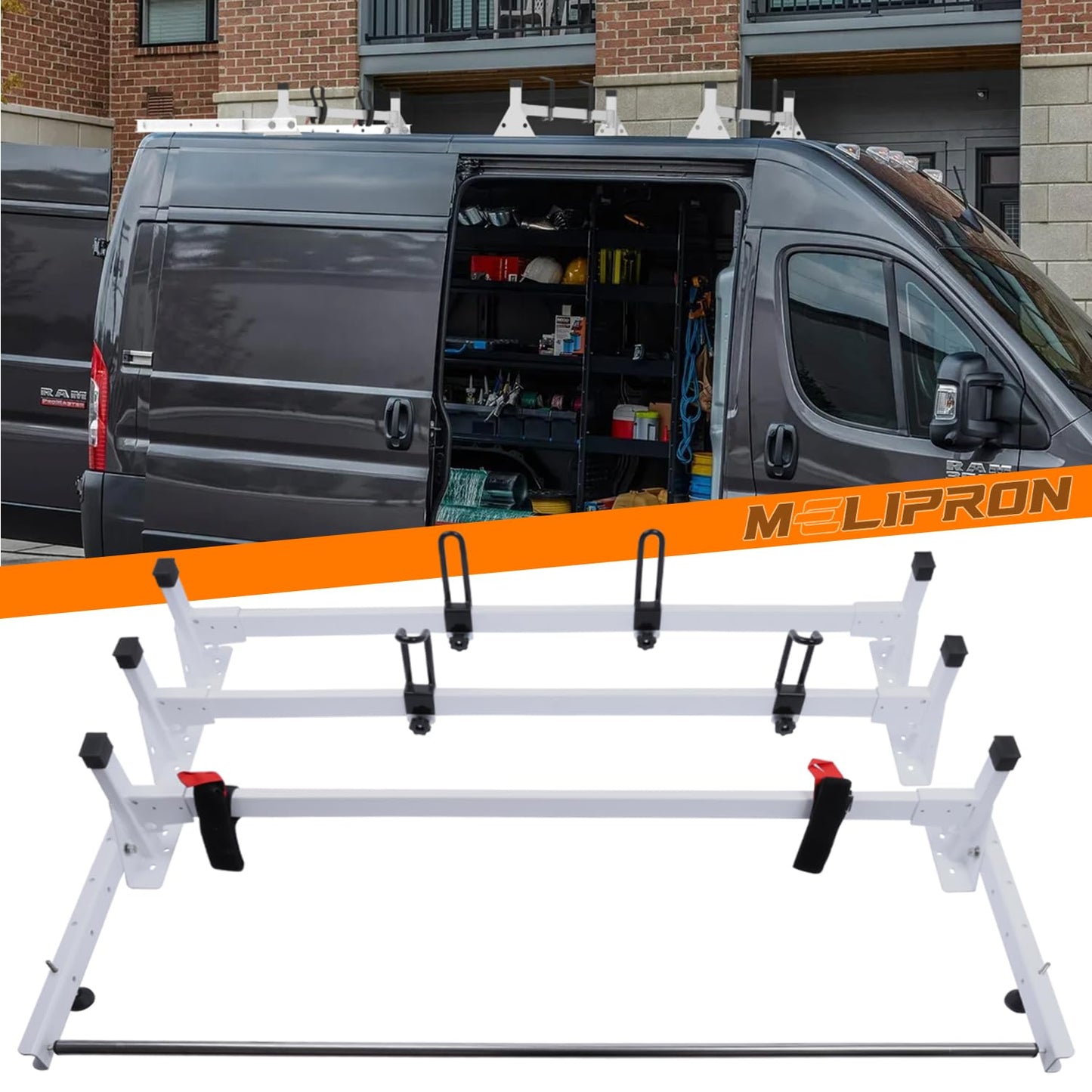 MELIPRON Van Roof Ladder Rack with Rear Roller Fits for 2013-2026 RAM ProMaster, Steel Cargo Van Rack with Anti-Rust Coating, Ideal for Transporting Ladders, Pipes