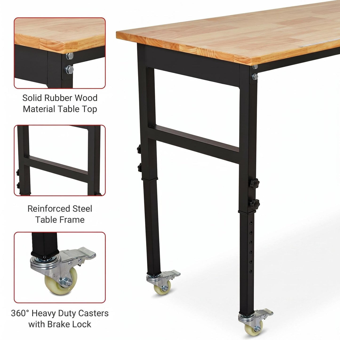 48" Height Adjustable Workbench, 2000 LBS Load Capacity Rubber Wood Top, Heavy Duty Workstation with Wheels, Hardwood Work Table for Garage Workshop Home Repair