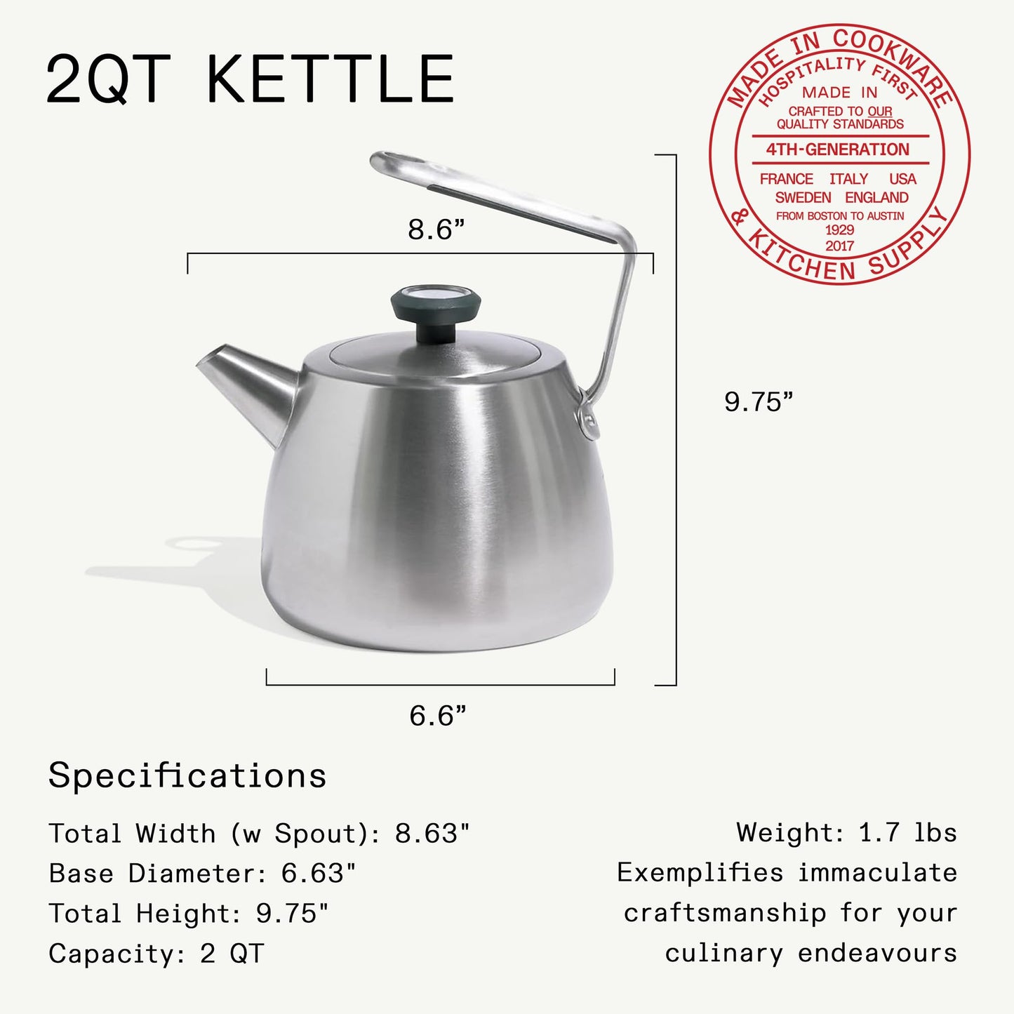 Made In Cookware | 2 QT Kettle | Stainless Steel | With Built-In Temperature Gauge | Includes Handle Sleeve | Induction Compatible