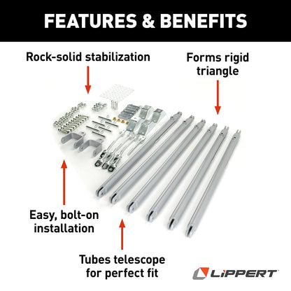 JT's Strong Arm Fifth-Wheel Jack Stabilizer Kit, Bolt-On Installation, Universal Compatibility, Telescoping Tubes, Eliminates Chassis Movement - 191023