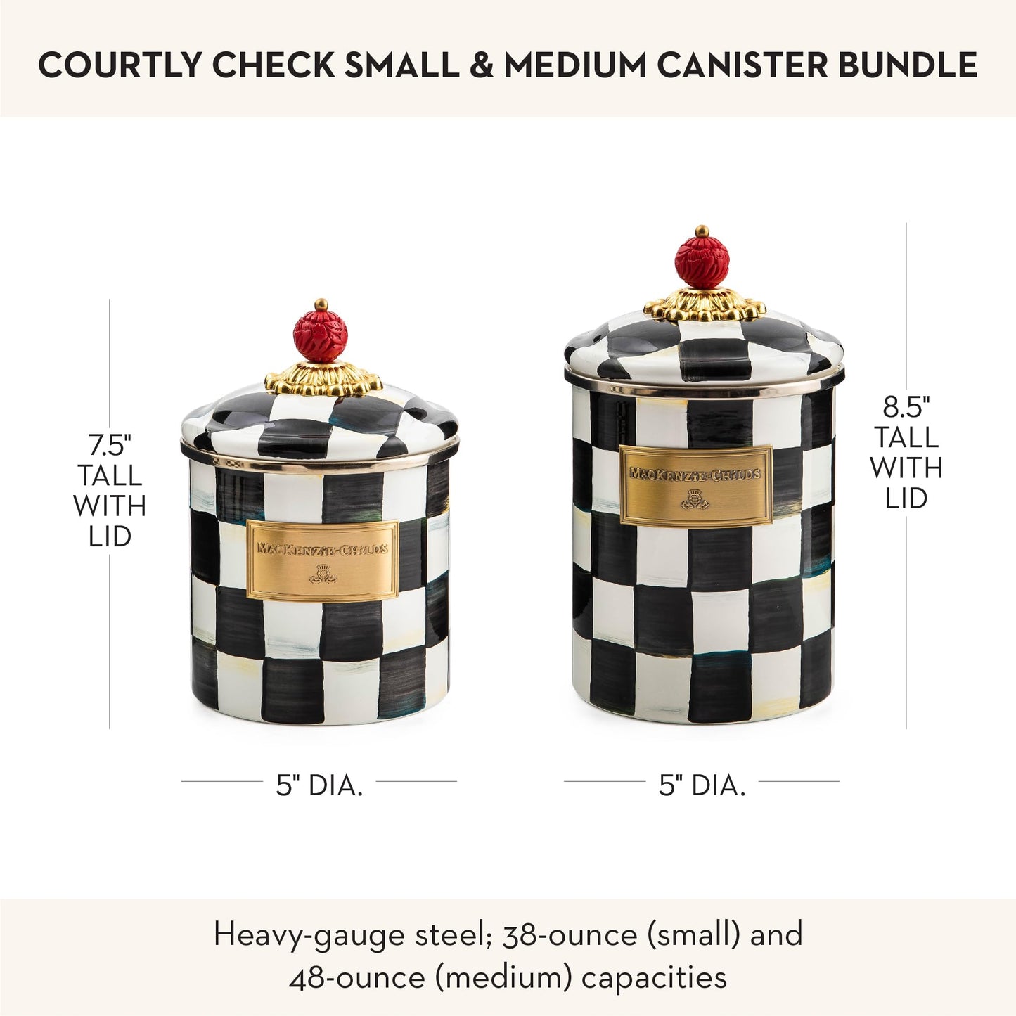 MACKENZIE-CHILDS Medium Enamel Canister Bundle with Small Enamel Canister, 48 and 38-Ounce Kitchen Containers, Black-and-White Courtly Check