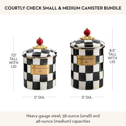 MACKENZIE-CHILDS Medium Enamel Canister Bundle with Small Enamel Canister, 48 and 38-Ounce Kitchen Containers, Black-and-White Courtly Check
