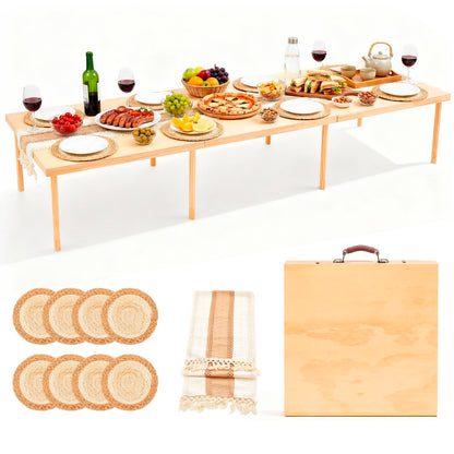 Novabright 90" x 30" Folding Boho Picnic Table with Woven Placemats and Table Runner Portable Low Picnic Floor Desk with Adjustable Legs for Beach, Wedding, Camping, 12 People, Tri-fold Style