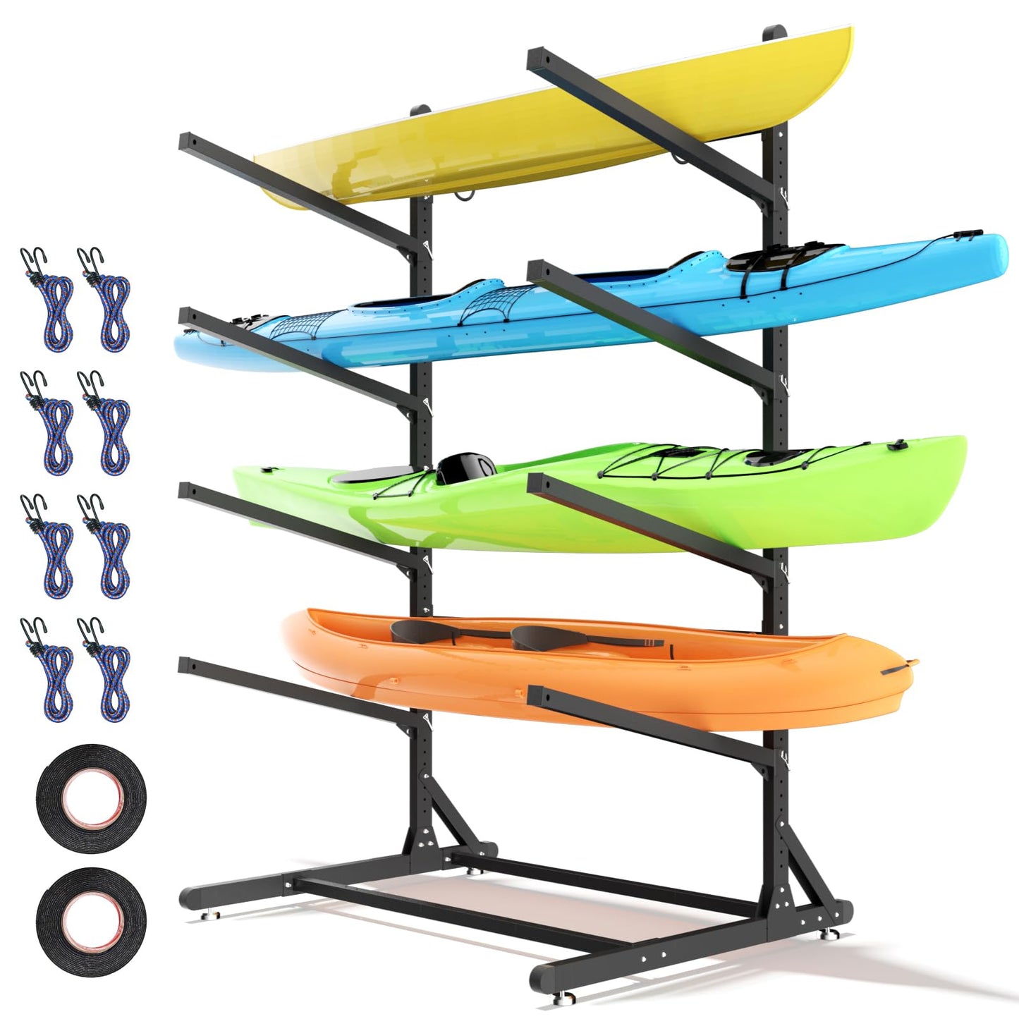 RDCMKL Freestanding Kayak Storage Rack, Heavy Duty Adjustable Stand for Kayaks, SUPs, Paddleboards, Canoes, Weatherproof, Indoor Outdoor, 400 LBS Capacity (4 Levels)