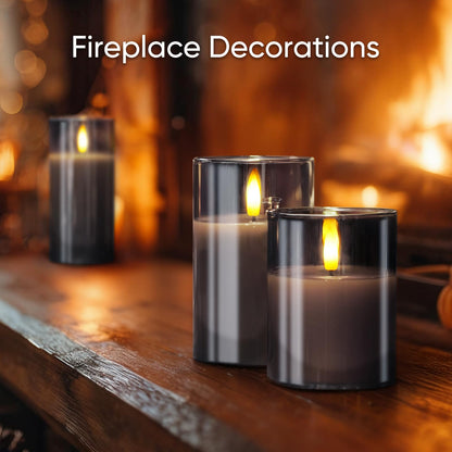 5plots Glass Battery Operated Grey Flameless Candles with Remote Timer, 3D Wick Real Wax Pillar Led Candles Warm Flickering Light for Indoor Home, Halloween, Christmas Decor D3 x H4 5" 6"