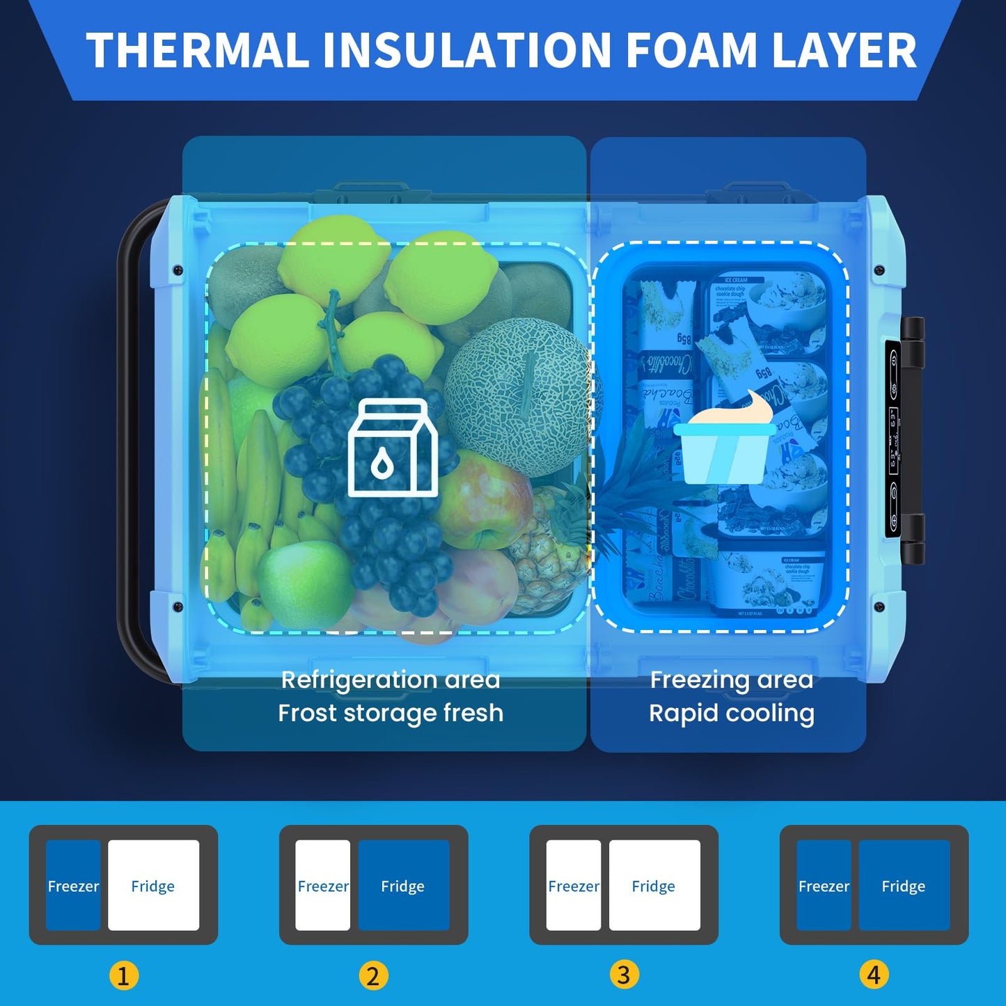 Tecnolove 45L Dual Zone Car Refrigerator Freezer, -4℉~68℉, 48Qt Compressor Cooler with Reversible Door, Metal Handle, Dual Battery Slot, 100–240V AC / 12V / 24V DC Powered, LED Light – Ice Blue