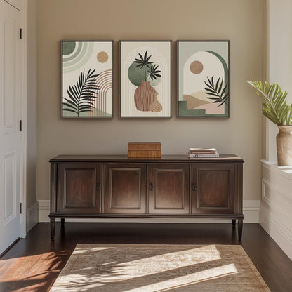 Framed Boho Sage Green Wall Art for Living Room, Large Mid Century Modern Tropical Leaf Canvas Artwork for Walls, 3 Piece Beige Orange Bohemian Wall Art Prints for Bedroom Kitchen Hallway, 16x24 Inch