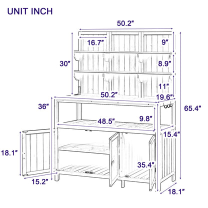 Merax Outdoor Potting Bench Table with Hutch, 50.2" Fir Wood Garden Workstation, Large Countertop, 2 Shelves, 2 Cabinets, 3 Side Hooks, Wooden Gardening Planting Table for Backyard, Patio, Green