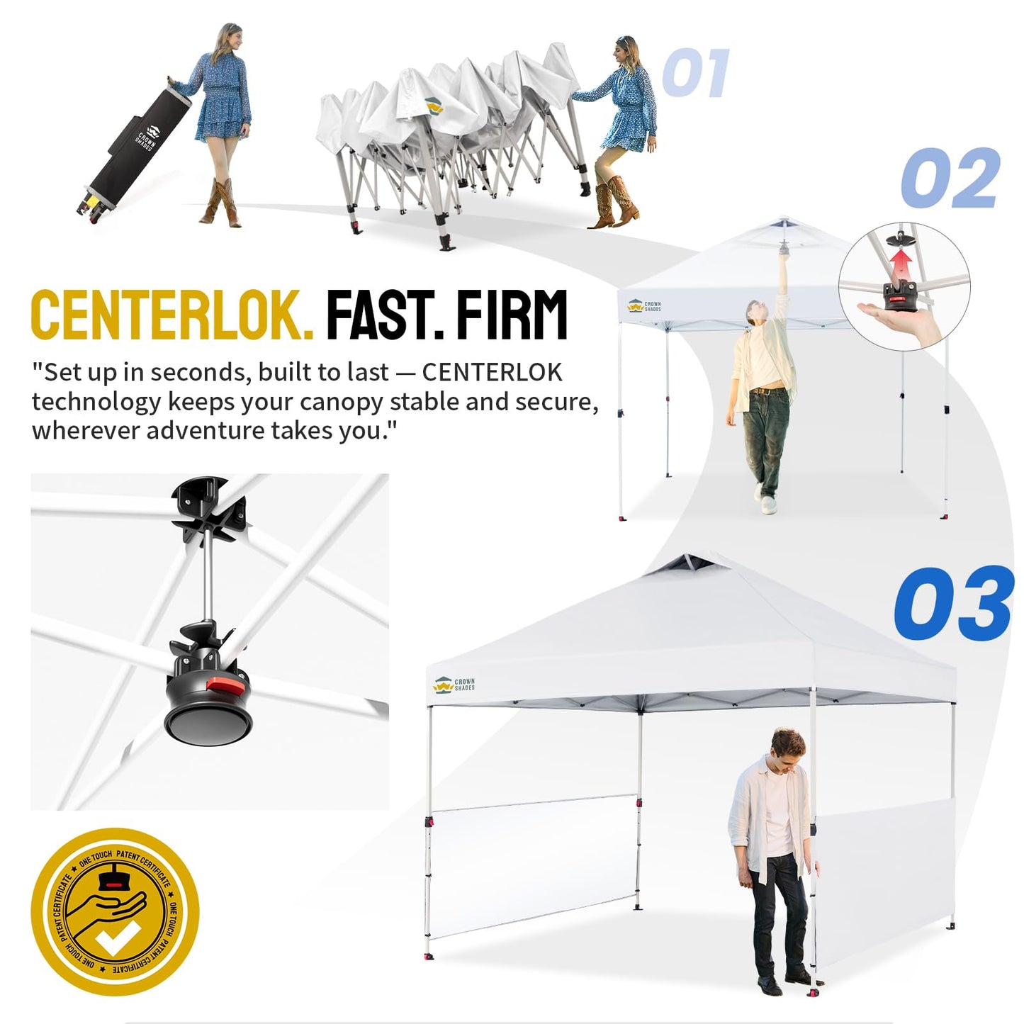 CROWN SHADES 10x10 Pop up Canopy Tent Instant Canopy with 150D Silver Coated Fabric Including 2 Half Sidewalls, 4 Ropes, 8 Stakes, 4 Weight Bags, STO-N-GO Bag, Grid White