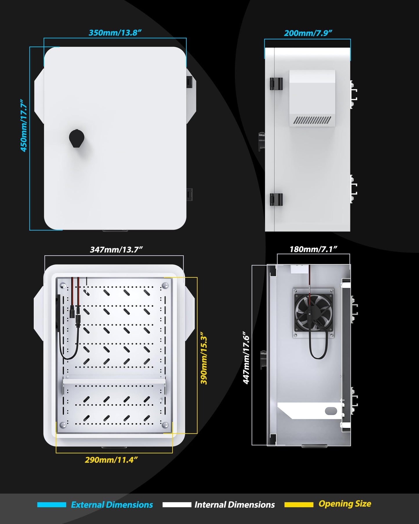 Akwscyby Outdoor Electrical Box with Thermostat and Fan, Precise Temperature Control 0.1°F, IP65 Water Resistant Rating, Galvanized Steel, Aluminum Rear Beam(17.7" x 13.8" x 7.9")