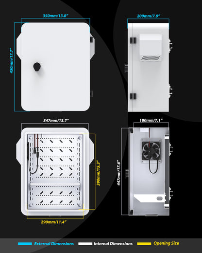 Akwscyby Outdoor Electrical Box with Thermostat and Fan, Precise Temperature Control 0.1°F, IP65 Water Resistant Rating, Galvanized Steel, Aluminum Rear Beam(17.7" x 13.8" x 7.9")