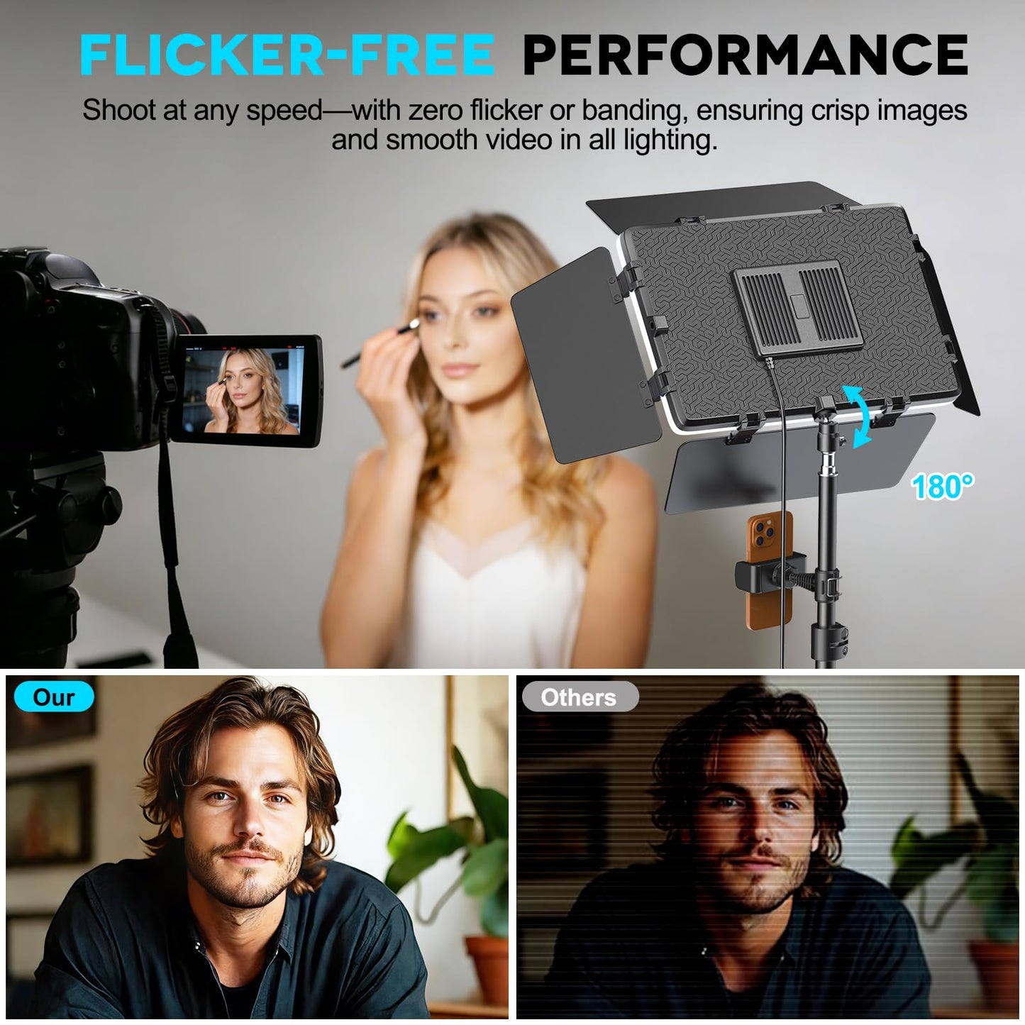 Scrhot 2 Pack LED Video Light Kit 79'' Tripod Light Stand, 30W 3000Lux Photography Light with Barndoor, CRI 98+ 2500K-8500K Studio Lights Panel Podcast Lighting for Video Recording/Game Live Streaming