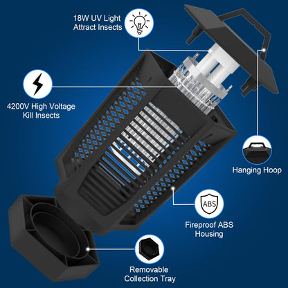 4200V Electric Fruit Fly Trap Indoors and Outdoors - 18W Gnat Trap, Mosquito Zapper with 2300 Sq Ft Coverage, IPX4 Waterproof Fly Killer for House, Kitchen, Patio, Backyard (Dark Black)