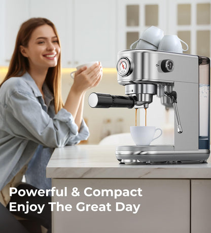 atatix Espresso Machine with Milk Frother, 20 Bar Pressure Espresso Maker, with 44OZ Removable Tank, Compact Stainless Steel Coffee Machine for Home, Office, Latte, Cappuccino, Macchiato, Silver