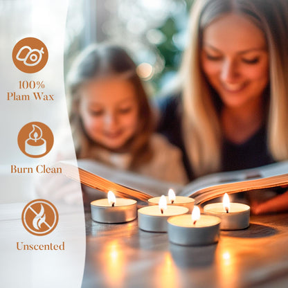 Hypmis Tea Lights Candles Bulk - 50 Pack, 4.5+ Hours Fully Burns Tealight Candles Unscented Smokeless Bright Flame Palm Tealights for Home, Christmas，Sabbath, Weddings & Halloween Decor, White