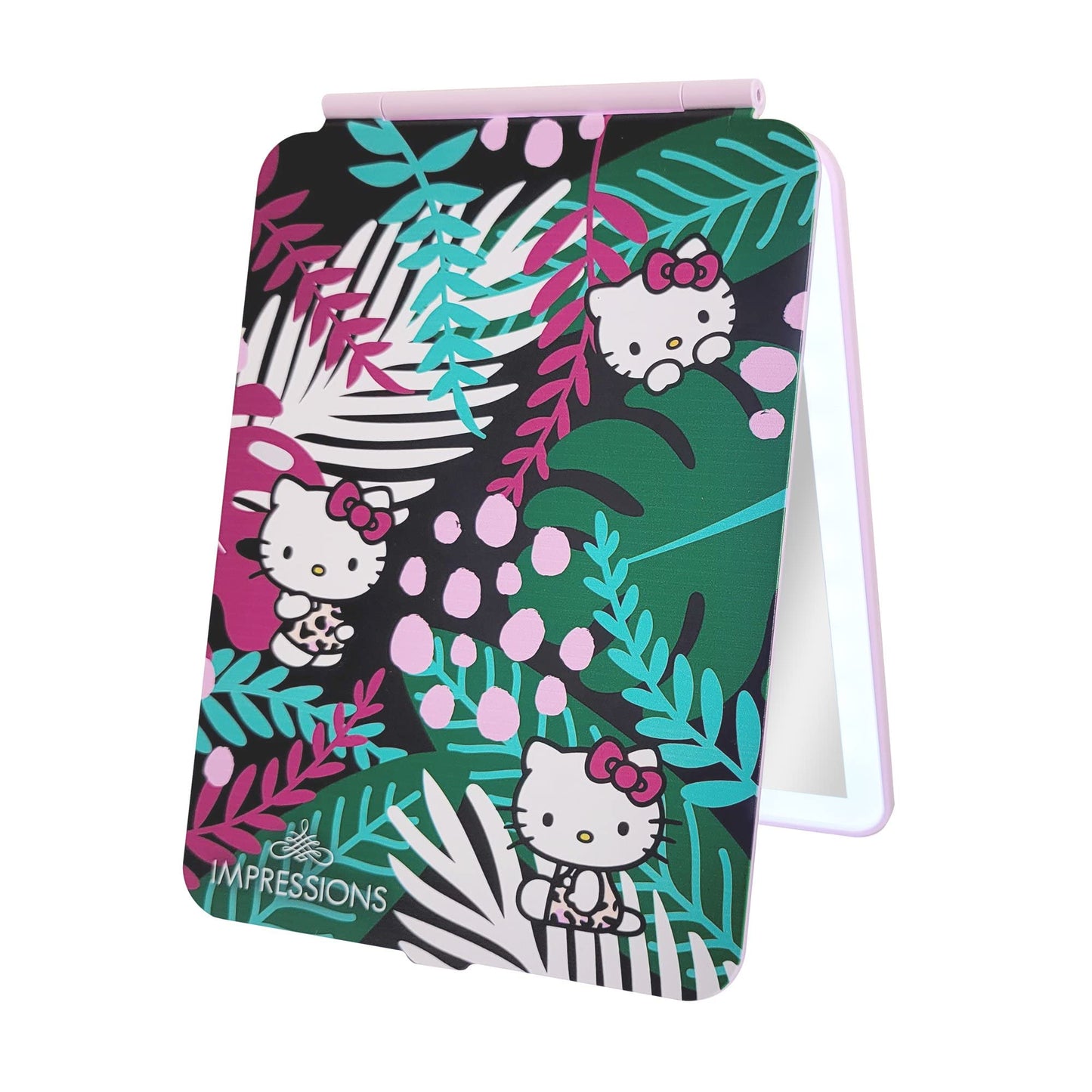 Impressions Vanity Hello Kitty Touch Pad Mini Tri-Tone Makeup Mirror with Printed Flip Cover and LED Strip, Travel Vanity Mirror with Touch Sensor Switch and USB Extension (White/Pink)