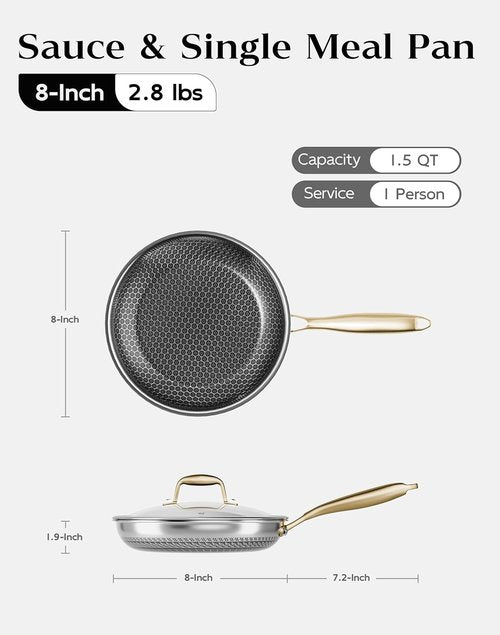 Honeycomb Stainless Steel Frying Pan - 8 Inch Nonstick Skillet with Lid | Induction Compatible, PFOA-Free, Dishwasher Safe