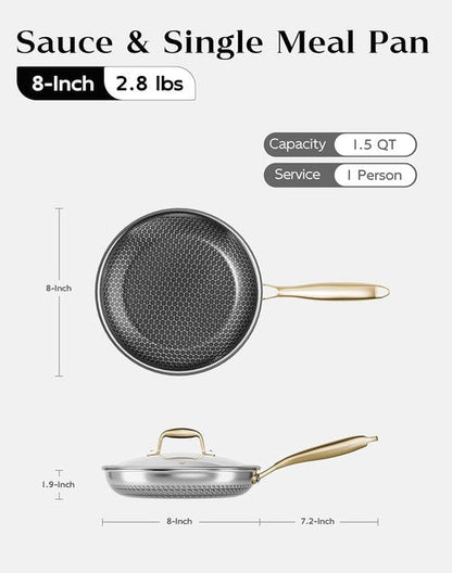 Honeycomb Stainless Steel Frying Pan - 8 Inch Nonstick Skillet with Lid | Induction Compatible, PFOA-Free, Dishwasher Safe