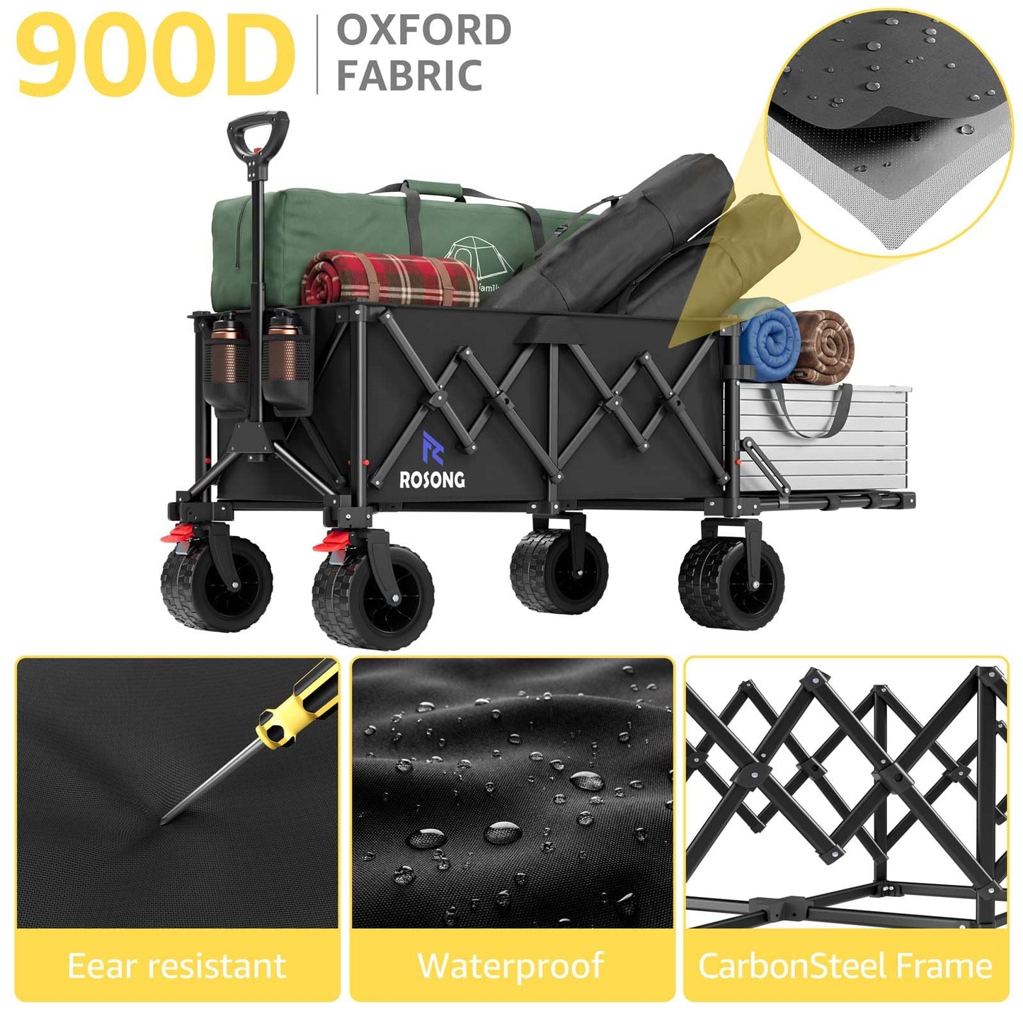 220L Folding Wagon with Detachable 14 Gallon Cooler Bag, Extra Large All-Terrain Heavy Duty Collapsible Beach Wagon Cart with Big Wheels, Foldable Utility Cart for Camping, Tailgate