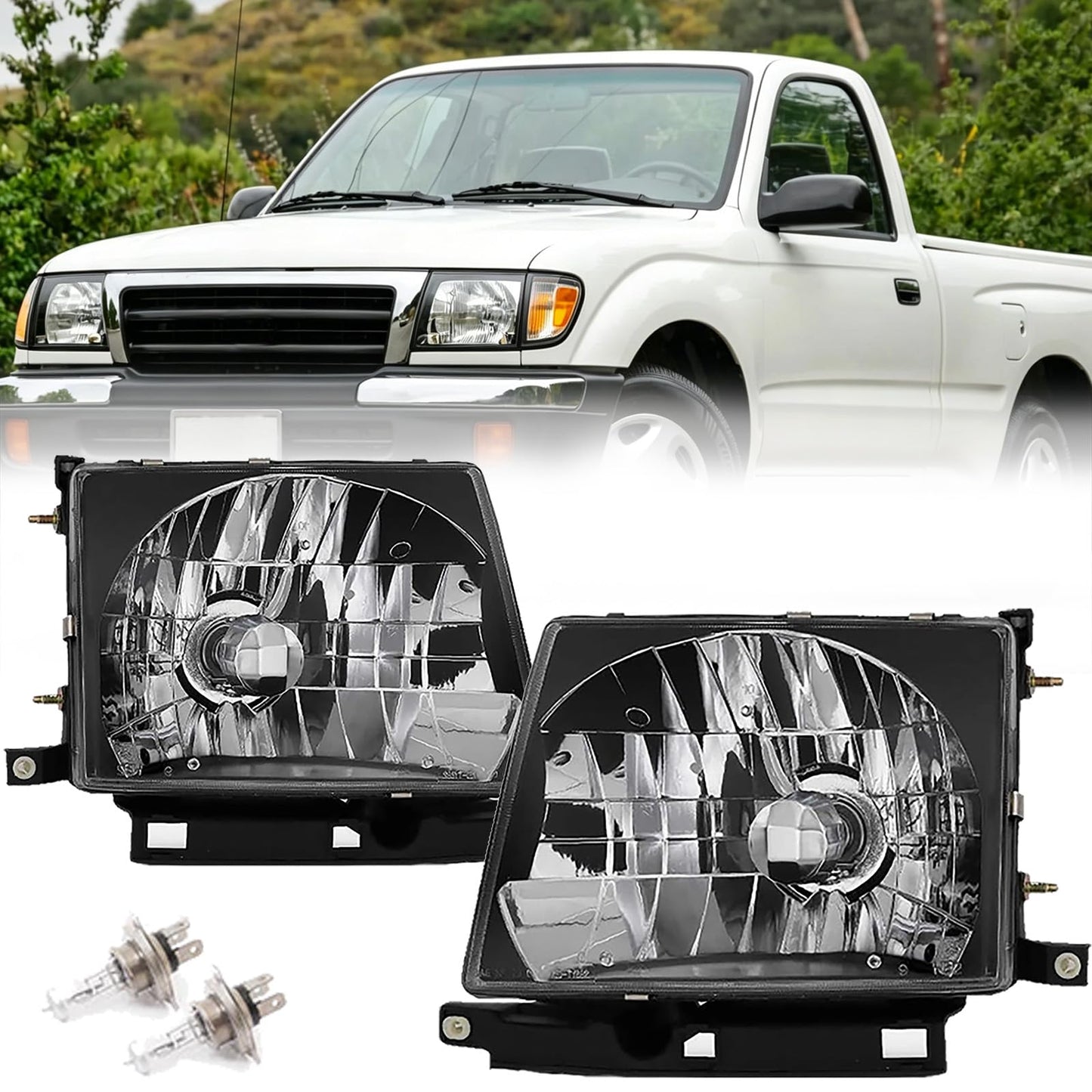 ATOMTEC Headlights Assembly Fit For 1997 1998 1999 2000 Toyota Tacoma Black Housing W/Bulb Passenger and Driver Side TO2503120 TO2502120 8111004090 8115004090