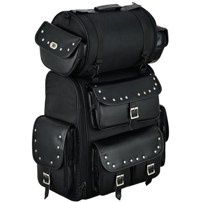Vance Leathers Large Studded 2 Piece Sissy Bar Bag - Motorcycle Luggage with Multiple Storage Pockets & Removeable Rain Cover