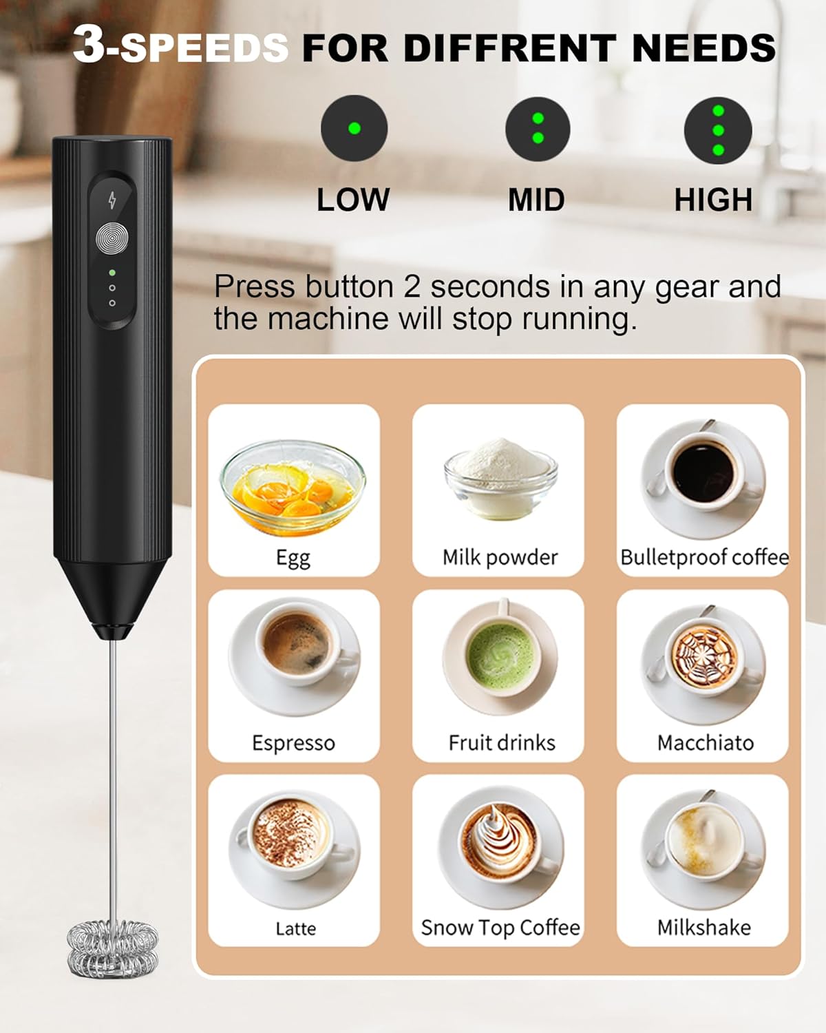 Skiennix 3-Speed Rechargeable Milk Frother - Dual Coil Whisk for Coffee, Matcha & Hot Chocolate | Portable Black Handheld Wand