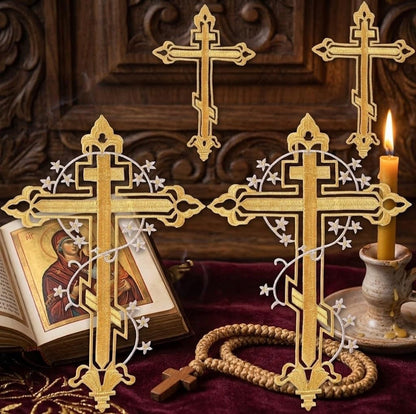 IDONGCAI Gold Cross Embroidered Applique, Religious Christian Liturgical Vestment Applique Patch for Church Garments & Altar Cloth, Iron On Sew On Embroidery Supply Set of 4