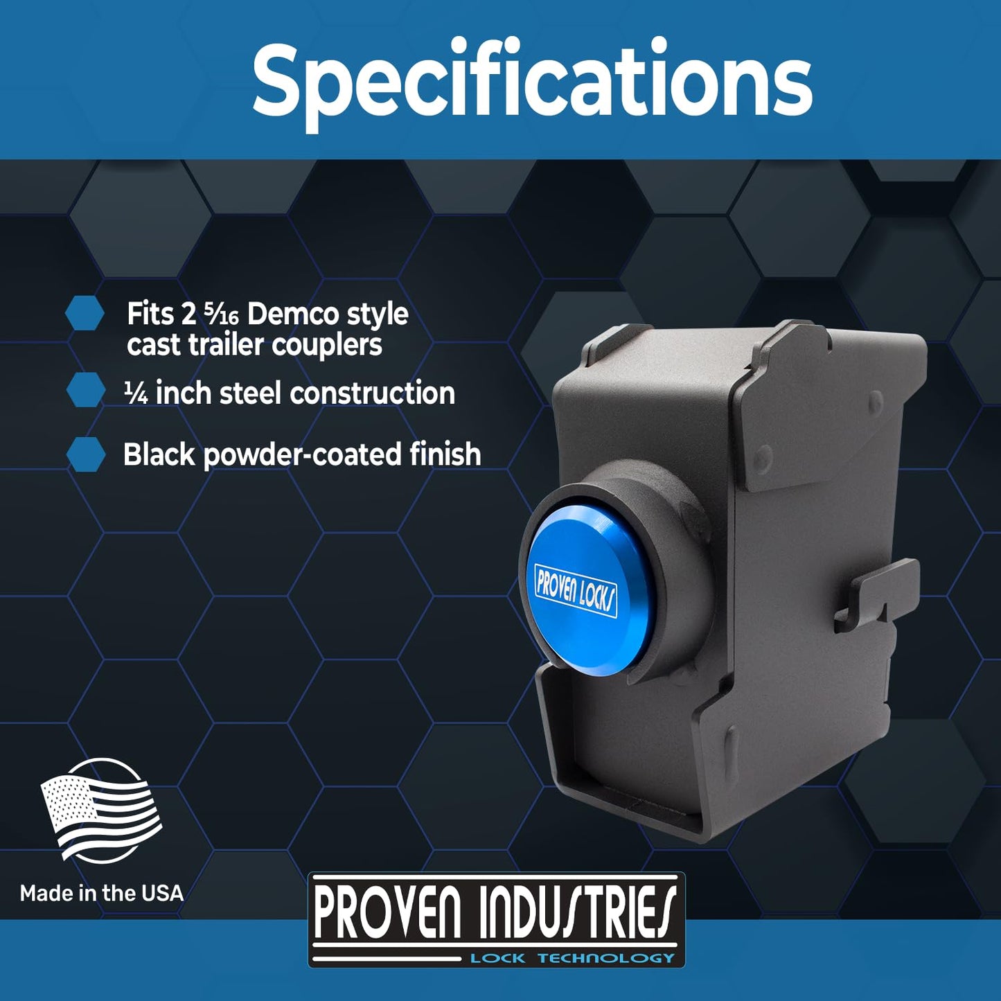 Proven Industries Trailer Lock, Model 2517-D1, Fits 2 5/16 in Demco Cast Trailer Couplers, 2 Keys Included, Heavy-Duty Security, Hardened Steel, Unique Key Design, Made in USA, Blue