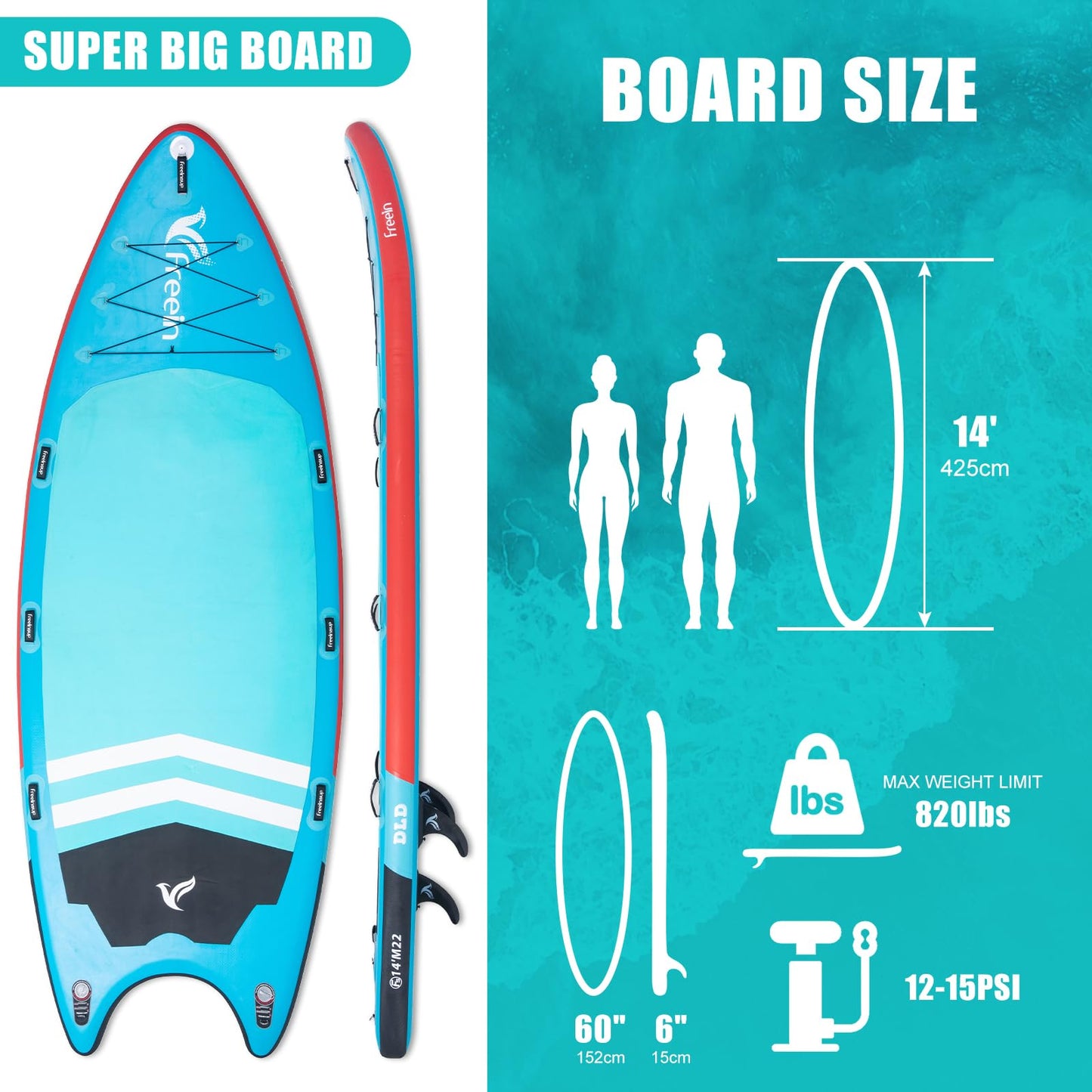 Freein 14’ Inflatable Team SUP, Extra Large Stand Up Paddle Board for Multi Person, Dual-Action Hand Pump, Adjustable Paddle, Complete Kit