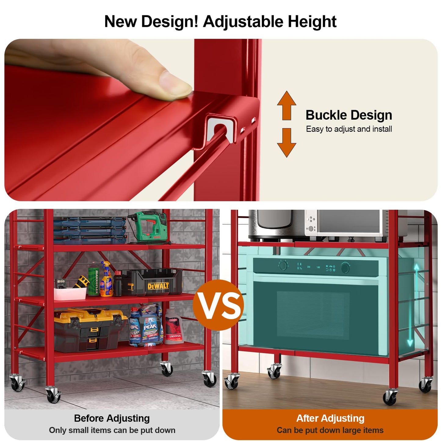 Himix 6 Tier Foldable Storage Shelves, Expandable Folding Bookshelf with Wheels, Changeable into 2 Shelf Units, Collapsible Adjustable Storage Rack Metal Shelves for Garage Kitchen, Basement, Red