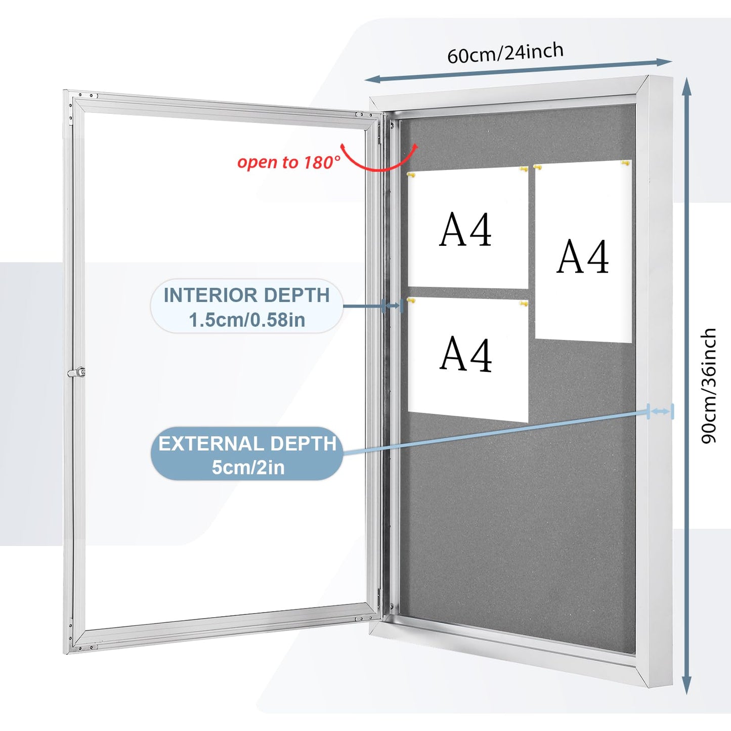 EVERSUPPLY Outdoor Bulletin Board Weatherproof 36x24 in,Enclosed Bulletin Board with Locking Door, Wall Display Case for Office School Home Commercial, Silver Aluminum Frame, Gery Felt