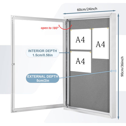 EVERSUPPLY Outdoor Bulletin Board Weatherproof 36x24 in,Enclosed Bulletin Board with Locking Door, Wall Display Case for Office School Home Commercial, Silver Aluminum Frame, Gery Felt