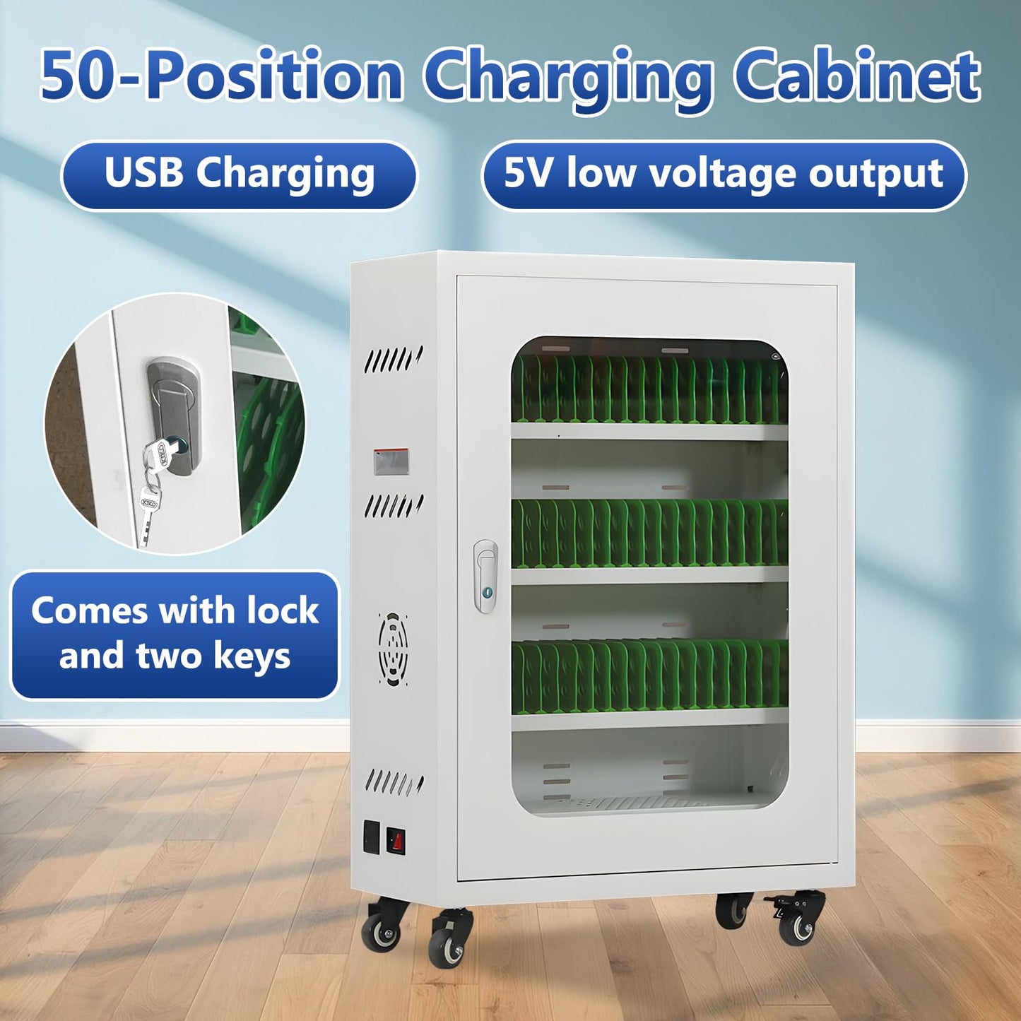 zyiesrsq Mobile Charging Cabinet for Cell Phone, 50 Device Charging Station, USB Charging Cart Locker, with Wheels & Combination Lock, Secure Phone Storage Cabinet (50Slots)