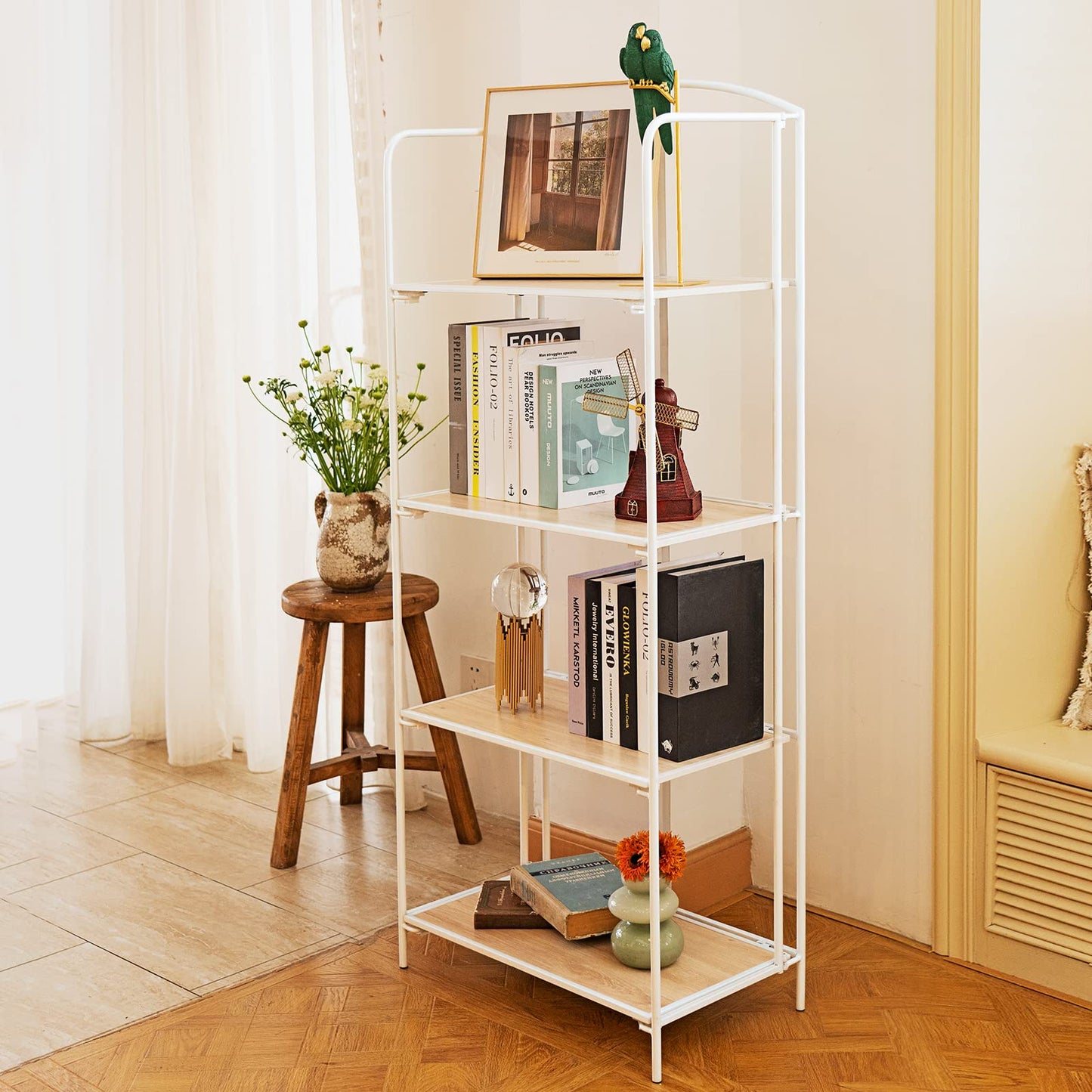 Crofy No Assembly Folding Bookshelf for Living Room, 4 Tier White Collapsible Book Shelf for Home Office, Portable Bookcase Storage Organizer