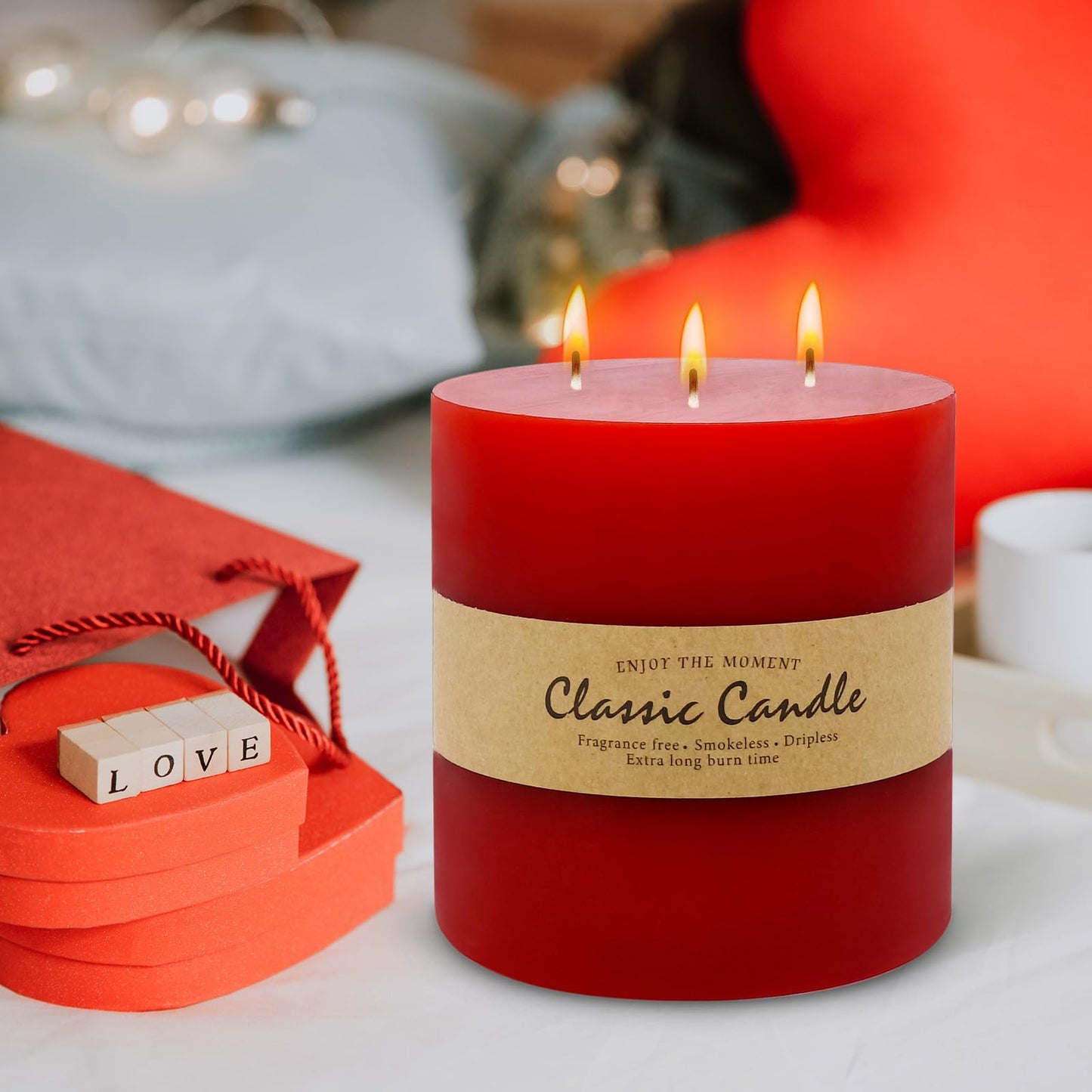 3 Wick Red Extra Large Pillar Candle, 6" x 6", Unscented, Dripless, Smokeless, and Clean-Burning. Approx. 120 Hours of Burn Time. Perfect for Weddings, Dinners, Christmas and Home Decor