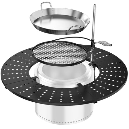 onlyfire Direct Mount Tabletop & Cooking Kit Combo for Solo Stove Bonfire 19.5 inch Fire Pit, 40" Round Heat-Resistant Surround Tray, Height-Adjustable Swivel BBQ Grate, Stainless Steel Griddle Plate