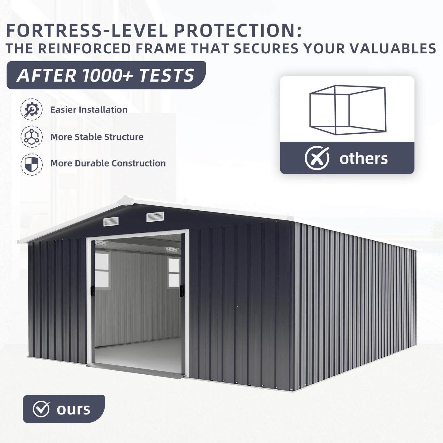 KEIKI 10' x 12' Metal Garden Storage Shed with Foundation Kit, Double Door Outdoor Tool Shed with 2 Windows, Color Steel Construction, Dark Gray