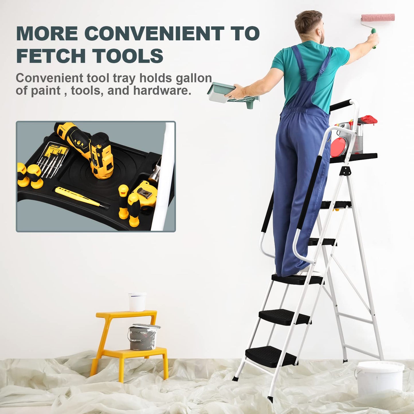 SocTone 5 Step Ladder with Handrails, Folding Step Stool with Tool Platform, Sturdy& Portable Steel Ladder for Adults, 330LBS Capacity Ladder for Home Kitchen Library Office, White