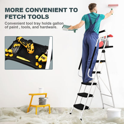 SocTone 5 Step Ladder with Handrails, Folding Step Stool with Tool Platform, Sturdy& Portable Steel Ladder for Adults, 330LBS Capacity Ladder for Home Kitchen Library Office, White