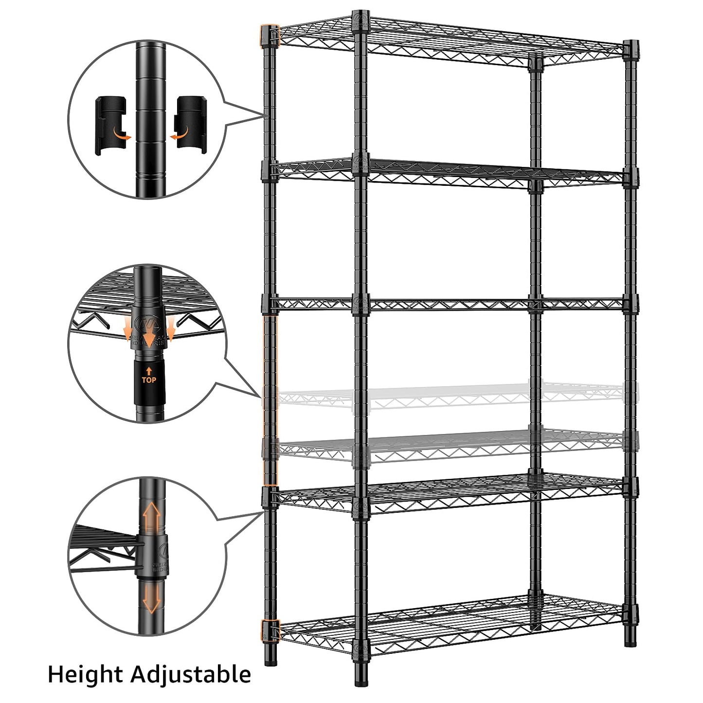 M MZG 2 PCS Storage Shelving Utility Shelving Unit 5-Tier Utility Shelving Unit Steel Organizer Wire Rack for Home,Kitchen,Office (13.7" D x 23.6" W x 62.4" H) (Black+Chrome)