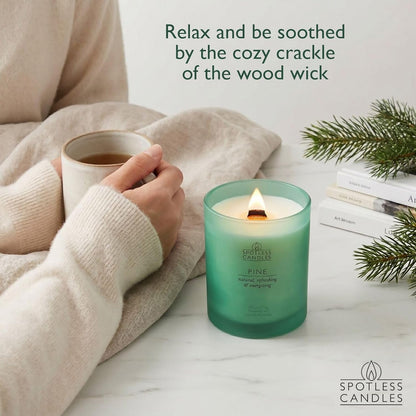 Pine Candle 9.7 oz: 55 Hrs Burn Time - Pine Scented Candles in Frosted Glass Jar with Wooden Crackling Wick in a Luxurious Gold Foil Lined Gift Box