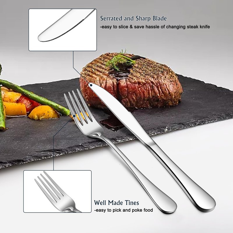 E-far Forks, Spoons and Knives Set for 8, 24 Pieces Stainless Steel Silverware, Food Grade Flatware Cutlery for Home Kitchen Restaurant, Mirror Finish, Dishwasher Safe