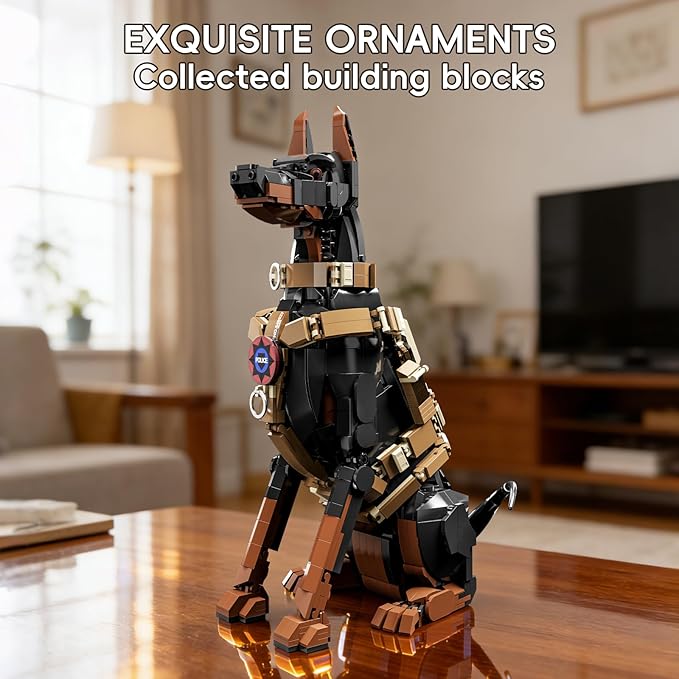 Doberman Pinscher Building Set 1376 Pieces Realistic Police Dog K9 Model Kit with Tactical Harness Large Sitting Animal Pet Construction Toy Guardian Statue Gift for Dog Lovers &amp Adults