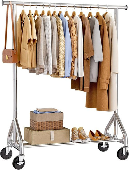 HYSEYY Rolling Clothes Rack - Sturdy Metal Garment Rack with Wheels | 350 LBS Capacity, Silver, Large