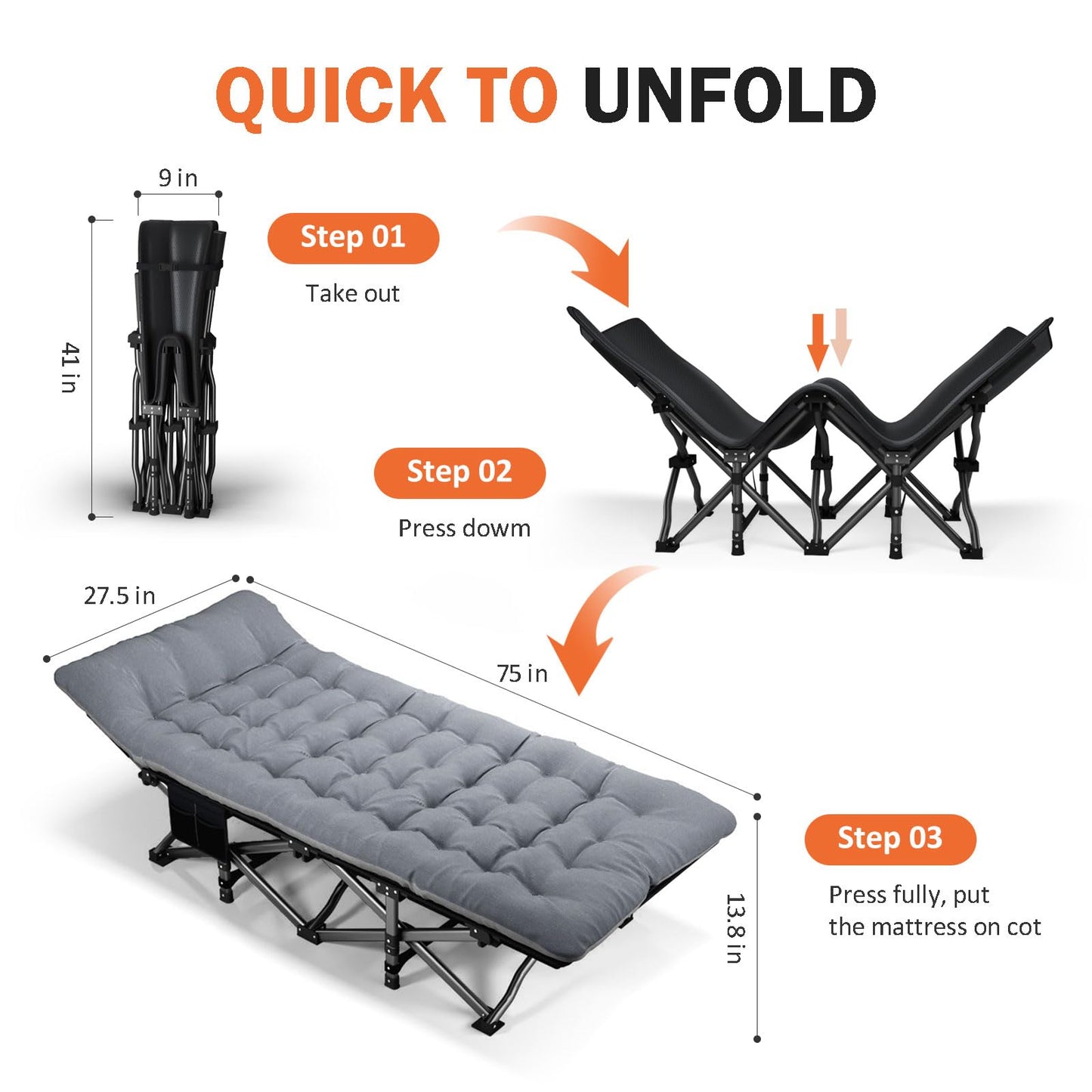 ATORPOK Camping Cot for Adults with Cushion Comfortable, Portable Folding Bed for Sleeping Supports 450 lbs (Gray)