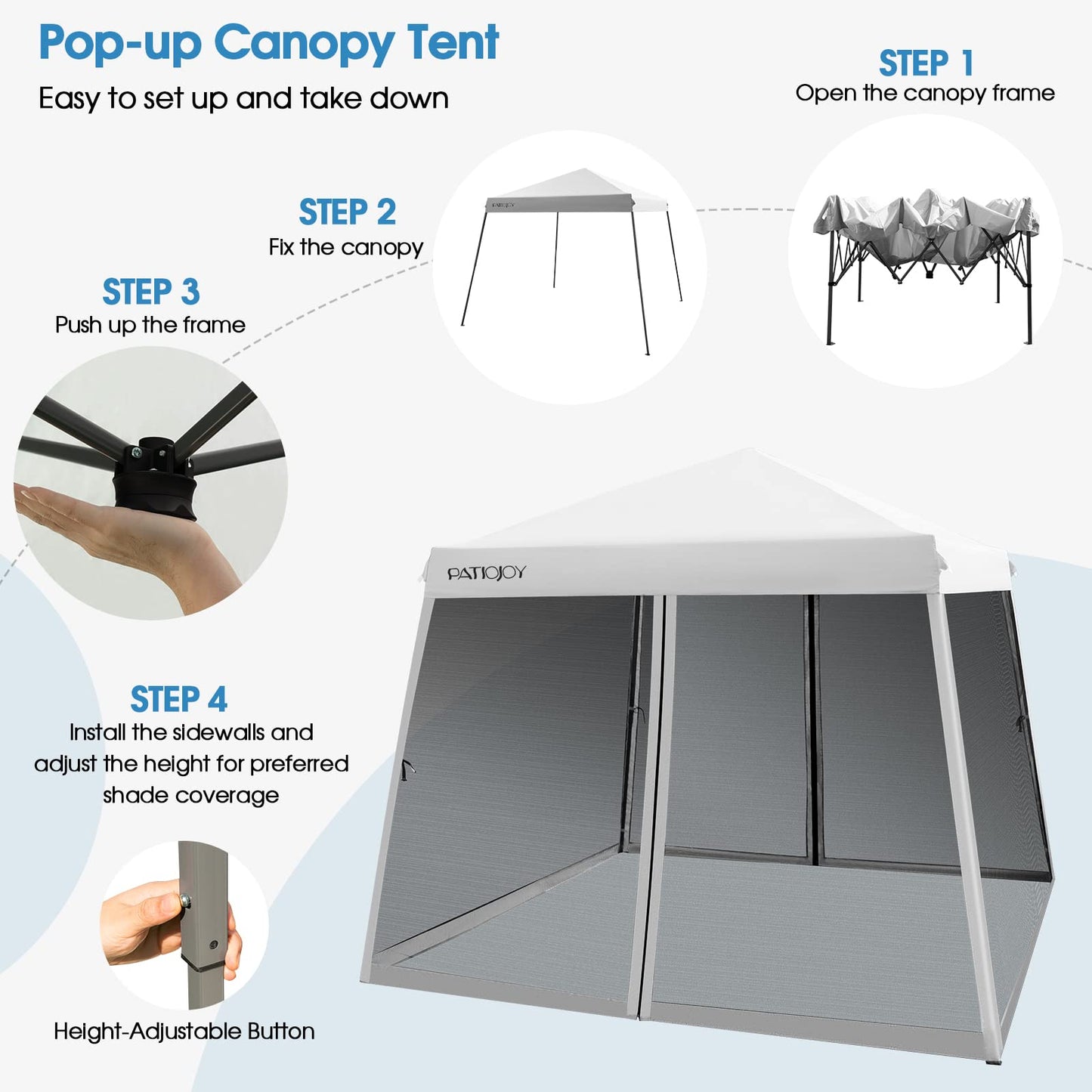 Tangkula 10x10 Ft Pop Up Canopy with Netting, Slanted Leg Outdoor Canopy with Roller Bag, 4 Sand Bags, 8 Stakes, 4 Ropes, Instant Canopy Tent with Easy Set-up Center Lock for Patio (White)