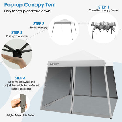 Tangkula 10x10 Ft Pop Up Canopy with Netting, Slanted Leg Outdoor Canopy with Roller Bag, 4 Sand Bags, 8 Stakes, 4 Ropes, Instant Canopy Tent with Easy Set-up Center Lock for Patio (White)