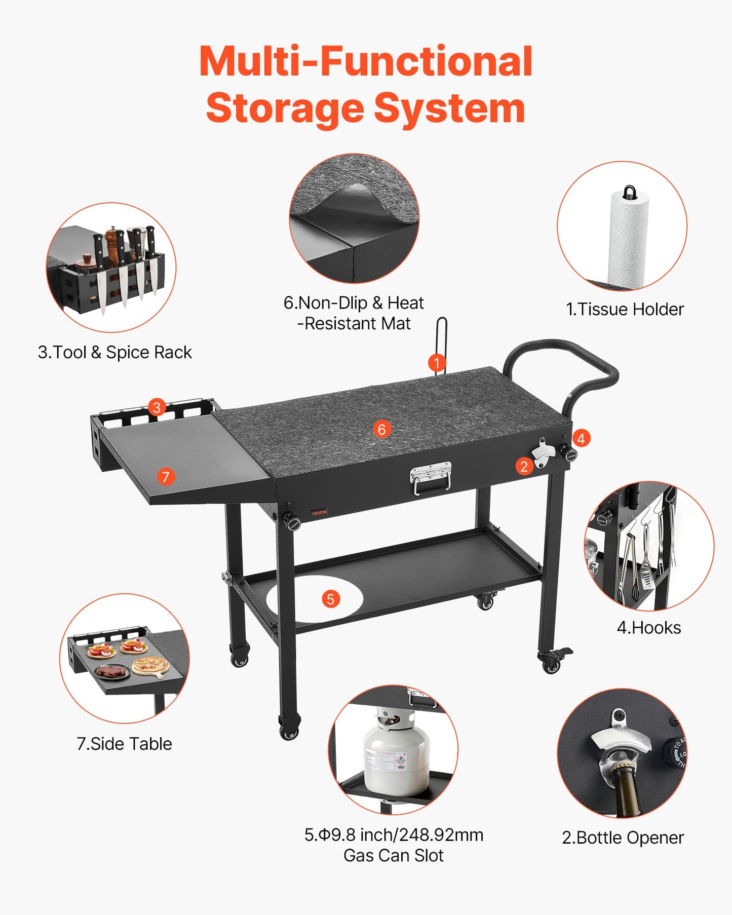 VEVOR Outdoor Grill Cart, 31.0 x 17.0 inch Tabletop Size Grilling Table, Foldable Outdoor Cooking Table with Tissue Holder, Hooks, Wheels, Side Table, BBQ Prep Tables for Picnic, Kitchen, Courtyard