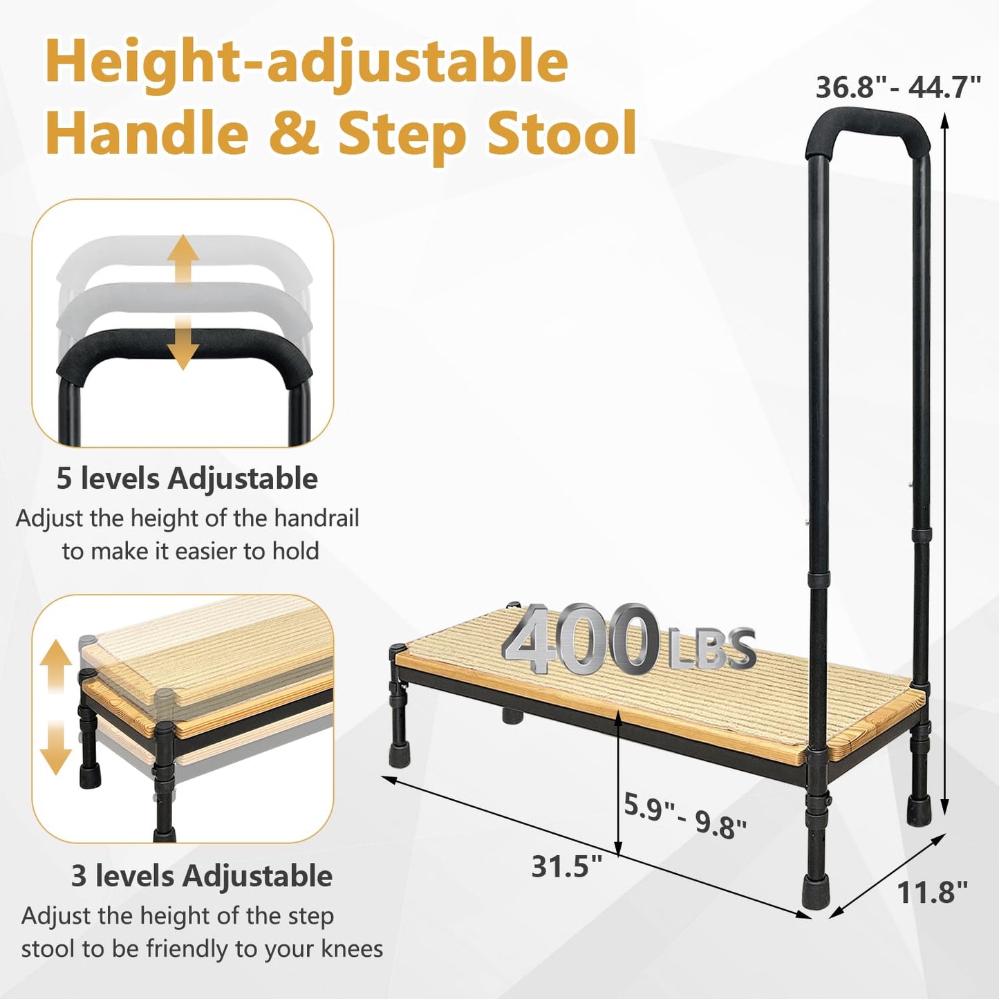 Bed Step Stool with Adjustable Handle for Elderly, Medical Step Stool for Bedside for Adults, 31.5" Long Safety Step Platform, Bed Stool for High Beds, Heavy Duty SUV Stepping Stool with Anti-Slip Mat
